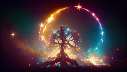 abstract colorful lights and organic shapes of tree of life as panorama background