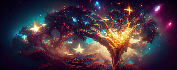 Obraz premium abstract colorful lights and organic shapes of tree of life as panorama background
