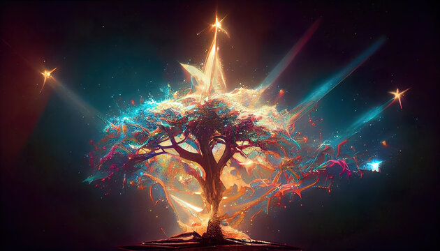 abstract colorful lights and organic shapes of tree of life as panorama background