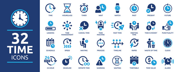 Time icon set. Timer, alarm, schedule, hourglass, clock icons. Solid icon collection.