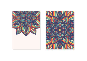 Half empty mandalas holiday cards. Vector vintage visiting card set. Floral mandala pattern and ornaments. Oriental design Layout. Islam, Arabic, Indian, ottoman motifs. Front page and back page.
