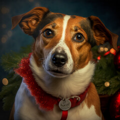 Close-up portrait of a dog, room in christmas decoration.