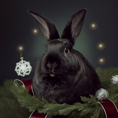 Rabbit winter holidays, room in christmas decoration.