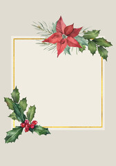 Greeting card with frame and branches of holly, red berries in the winter on a beige background