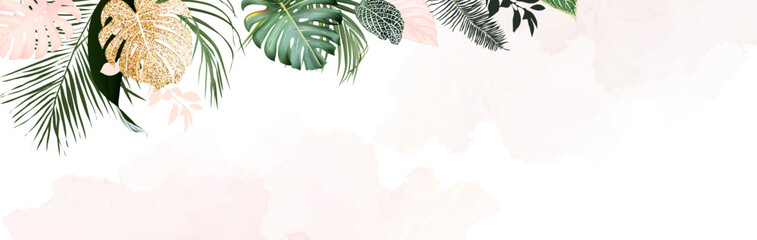 Tropical elegant banner arranged from exotic leaves. Design vector. Paradise plants, gold glitter, greenery chic card