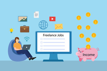 Woman doing freelance jobs at home and getting passive income, flat design illustration
