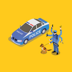 police car illustration and multitasking policeman with many hands holding equipment
