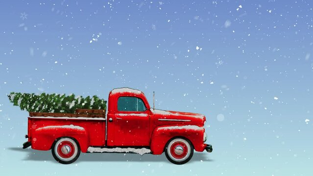 Vintage Red Truck Hauling Christmas Tree with Snow 4K Loop features a vintage red truck covered in snow with a Christmas tree in back driving along with snow blowing in a loop.