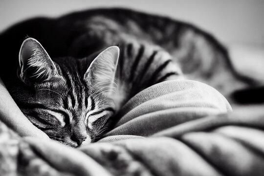 Sleeping cat, black and white, photo studio style, made with AI