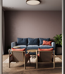Minimal style contemporary lounge with empty brown paint wall, red chair and blue wall, 3d render