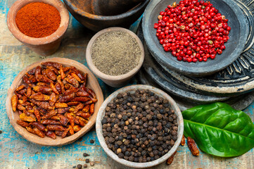 Obraz na płótnie Canvas Indian spices collection, dried black peppercorns and another spices in clay bowls