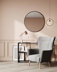 Bright interior with classic panel, powder peach wall, lamp, armchair, mirror and decor. 3d render mockup