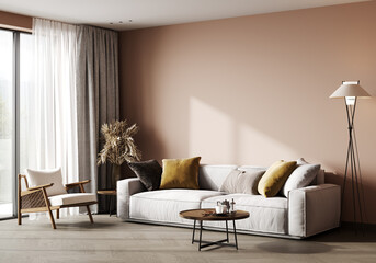 Peach beige interior with white sofa, lounge chair and decor. 3d render illustration mock up