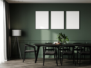 Three poster frame mock-up in dark green modern home interior background, dinning, 3d render