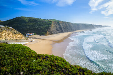 Magoito Beach, beautiful sandy beach on Sintra coast, Lisbon district, Portugal, part of Sintra-Cascais Natural Park with natural points of interest