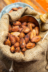 Cocoa or cacao beans, used in hot chocolate drink, chocolate, butter and solids