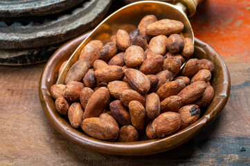 Cocoa or cacao beans, used in hot chocolate drink, chocolate, butter and solids
