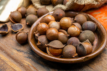 New harvest of ripe fresh Australian macadamia nuts in shell with leaves