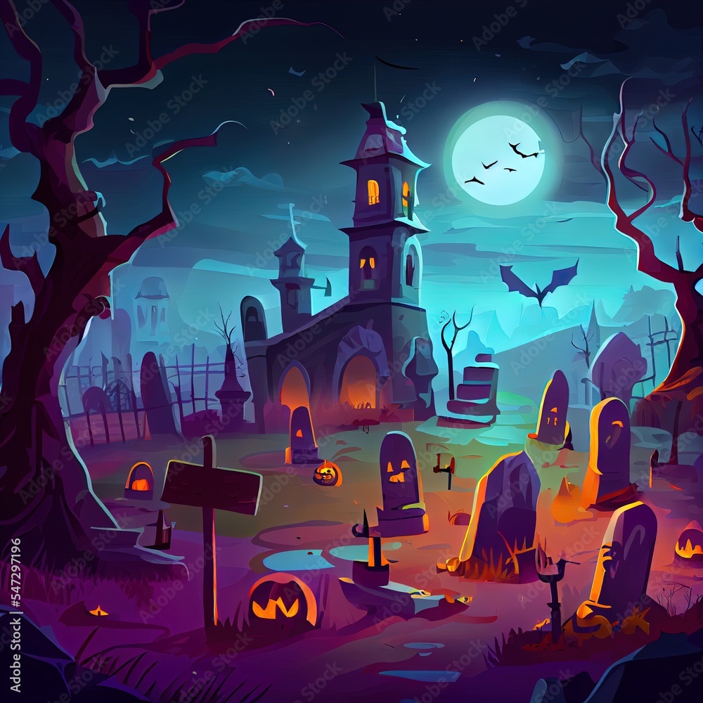 Canvas Prints Graveyard and high spooky castle on top, cemetery with skulls and candles, pumpkins with lights and ghosts. Halloween landscape scene, small boneyard with tombstones and dry trees. Cartoon 2d