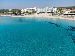Aerial panoramic view on blue crystal clear water on Mediterranean sea near Nissi beach, Ayia Napa, Cyprus