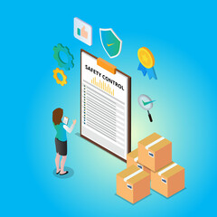 Safety control checklist package, businesswoman looking at clipboard and cardboard