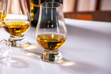 Tasting of whiskey, tulip-shaped tasting glasses with dram of Scotch single malt or blended whisky on white table