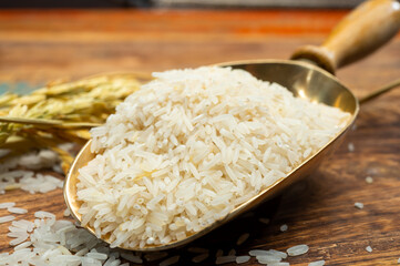 Organic white uncooked rice and dried basmati rice plant onwooden table