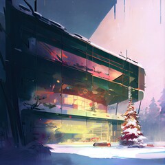 Christmas Street Building Scenery. Christmas Tree Gift. Merry Christmas Happy New Year Card. Concept Art Scenery. Book Illustration Video Game Scene. Serious Digital Painting. CG Artwork Background
