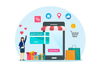 Woman buying gift card in mobile phone application