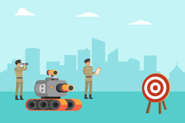 Military robotics vector concept. Two soldiers testing a fighting robot while developing weapon to the war