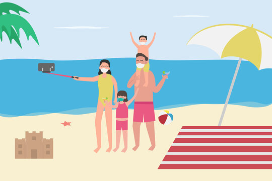 Happy family taking selfie picture and having fun on beach