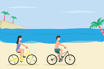 Fototapeta premium Couple riding bicycle on the beach during summer time