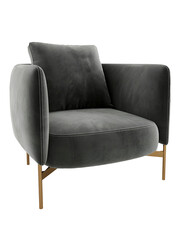 Black suede and golden scandinavian armchair mockup. Perspective. Transparent. Png