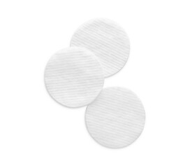 Soft clean cotton pads on white background, top view