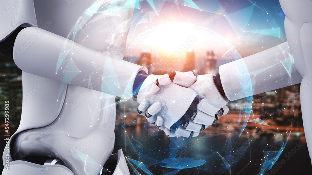 Poster 3d rendering hominoid robot handshake to collaborate future technology development by ai thinking br