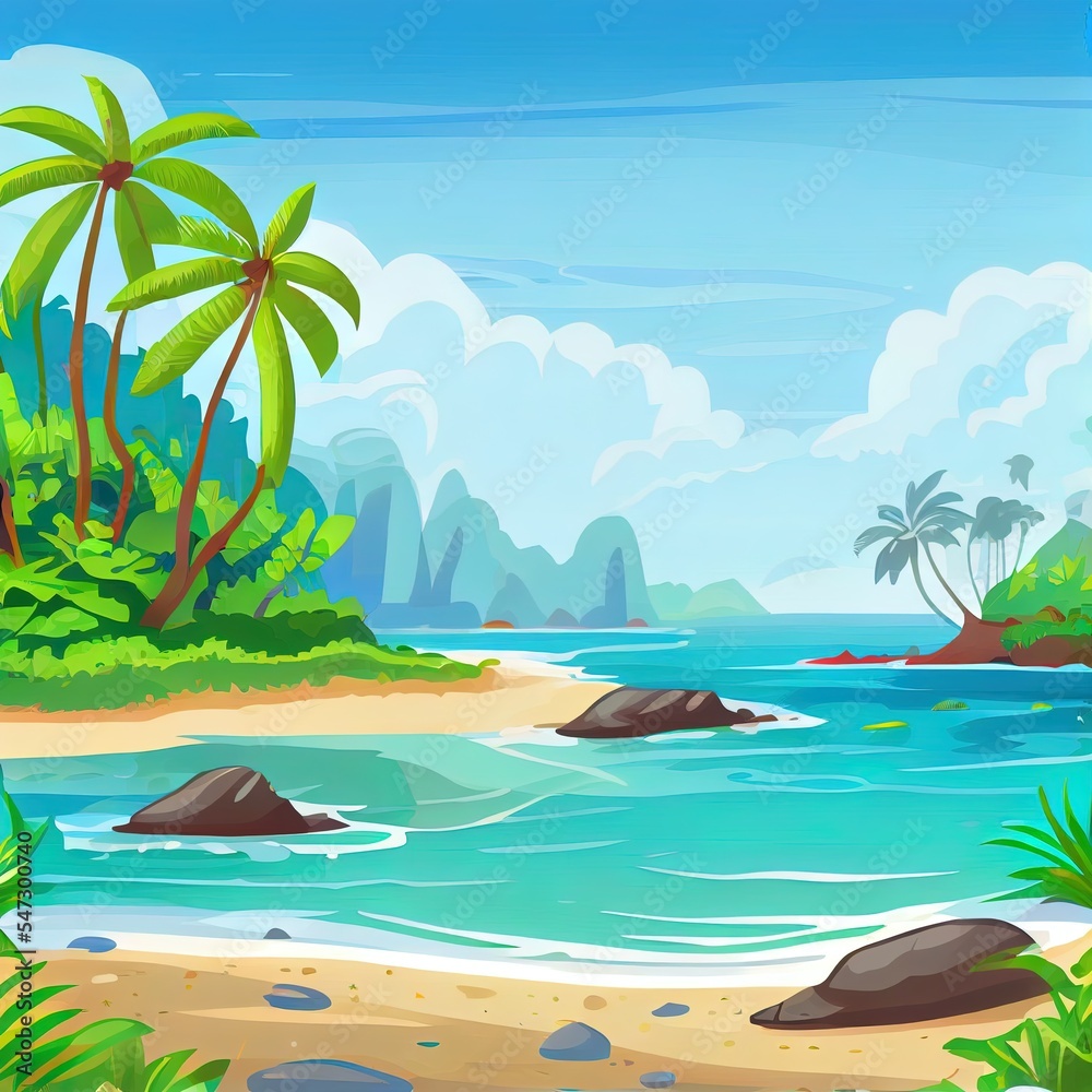 Wall mural Sea panorama. Bay, tropical beach. 2d illustrated background