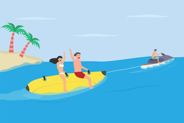 Obraz na płótnie Canvas People ride on banana boat, flat design illustration