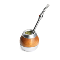 Calabash with mate tea and bombilla on white background
