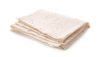 Delicious folded Armenian lavash on white background
