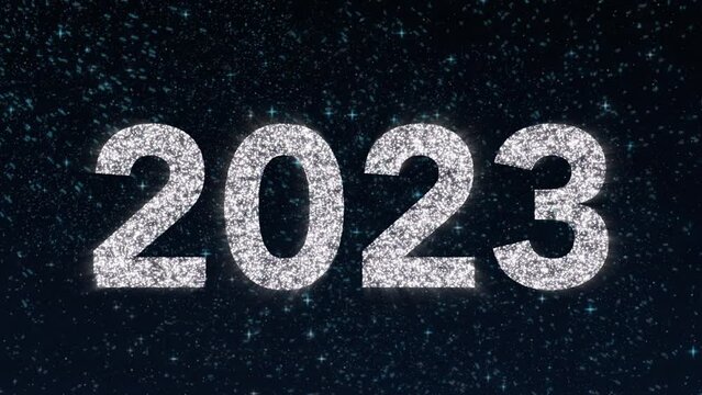 2023 tittle animation on a blue background with fireworks. Happy New Year 2023 Greetings Card Abstract Blinking Sparkle Glitter Particle. Merry Christmas. 