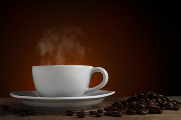 Cup of hot aromatic coffee and roasted beans on wooden table against brown background