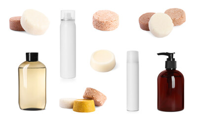 Set with different kinds of shampoo: ordinary, dry and solid on white background