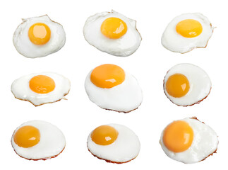 Set with tasty fried eggs on white background