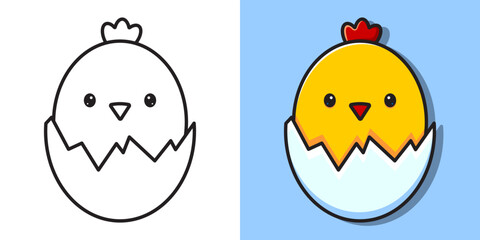 Outline illustration of a cute chick peeking out of the egg. Vector coloring book © Mayartlab