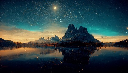 Spectaculaire natuurachtergrond van prachtige bergen en meren in de sterrennacht met glinsterend licht, elfenstof. Digitale kunst 3D illustratie van panoramisch uitzicht op de bergen met sterren weerspiegelen in meerwater.