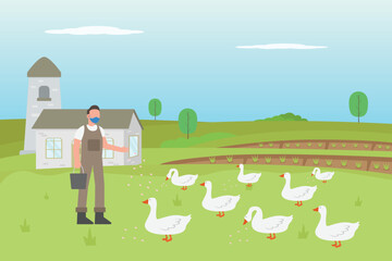 Fototapeta premium Man feeding goose at the farmyard