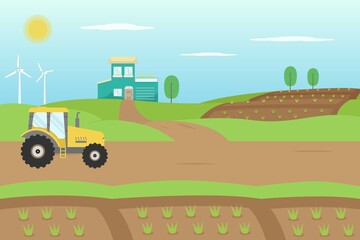 tractor on a farm with farmhouse background, flat design illustration