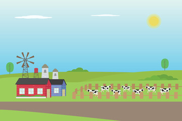 Farmland landscape with farmhouse and cow herd grazing on the field, flat design illustration