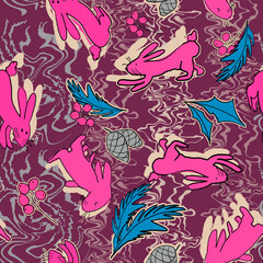 Christmas bunny colorful seamless pattern on pink background. Symbol of 2023. Cute drawing seamless wallpaper, fabric print, textile design. Can be used for scrapbook paper, wrapping paper, packaging.