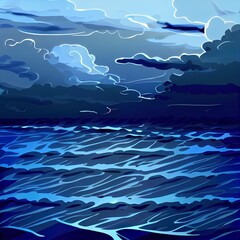 dark blue sea background, moody sky